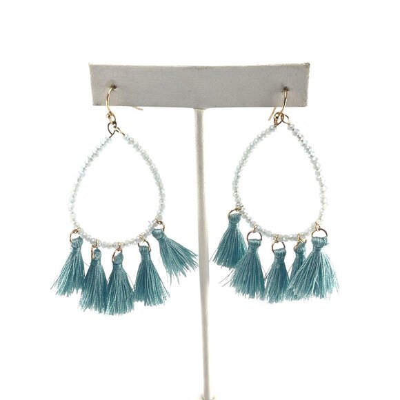 Teal Tassel Beaded Hoop Earrings With Gold Hooks Long Bohemian Statement Jewelry - Picture 1 of 8